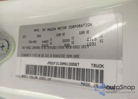 1991 Mazda B2200 Cab Plus z USA, uszkodzony, nr VIN JM2UF3139M0109567